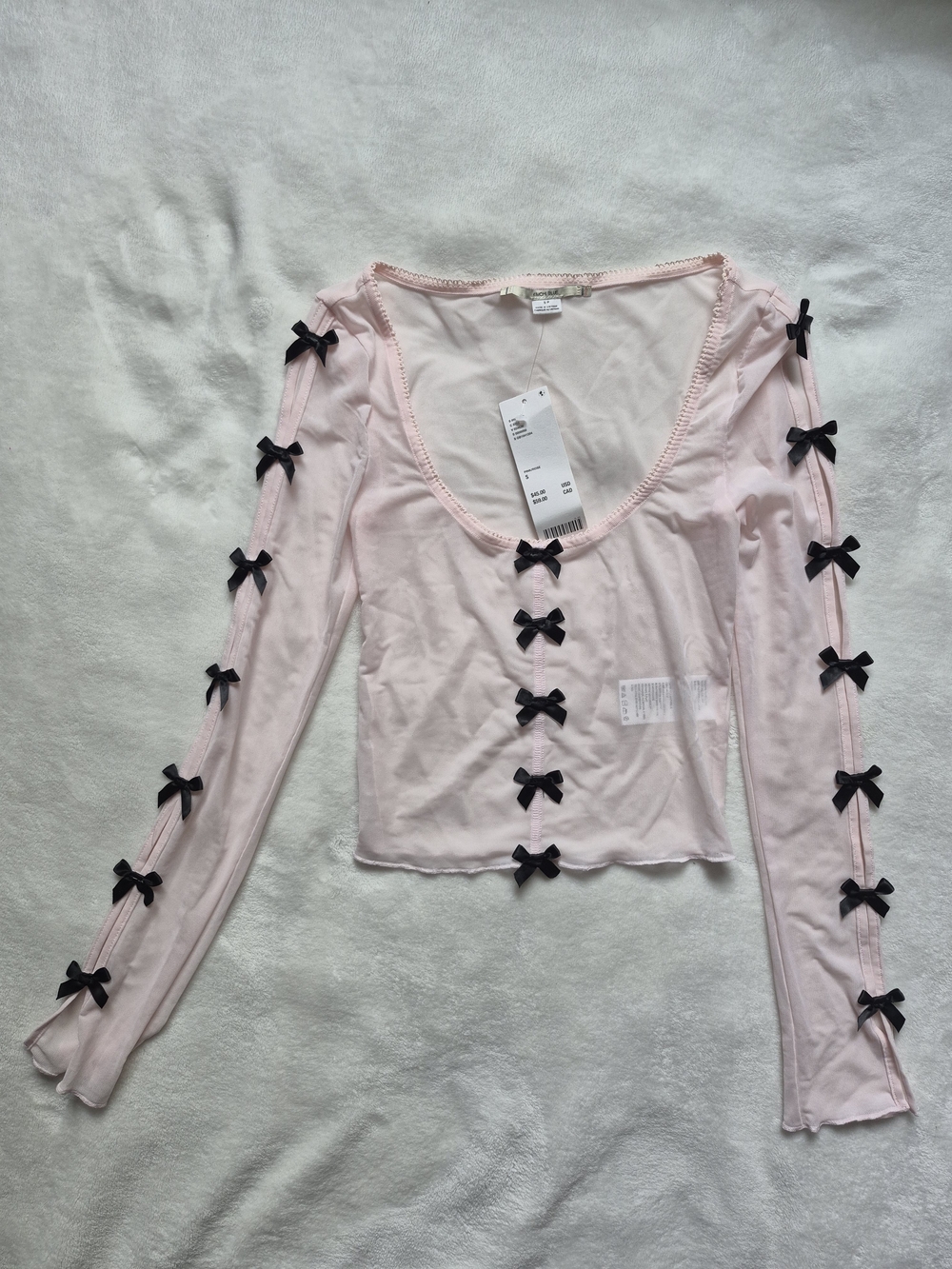 Urban Outfitters Pale Pink Sheer Long-Sleeve Top with Black Bows